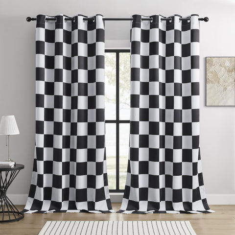 BOHOMOCASA checkered race-flag curtains, front view, stylish privacy and light control