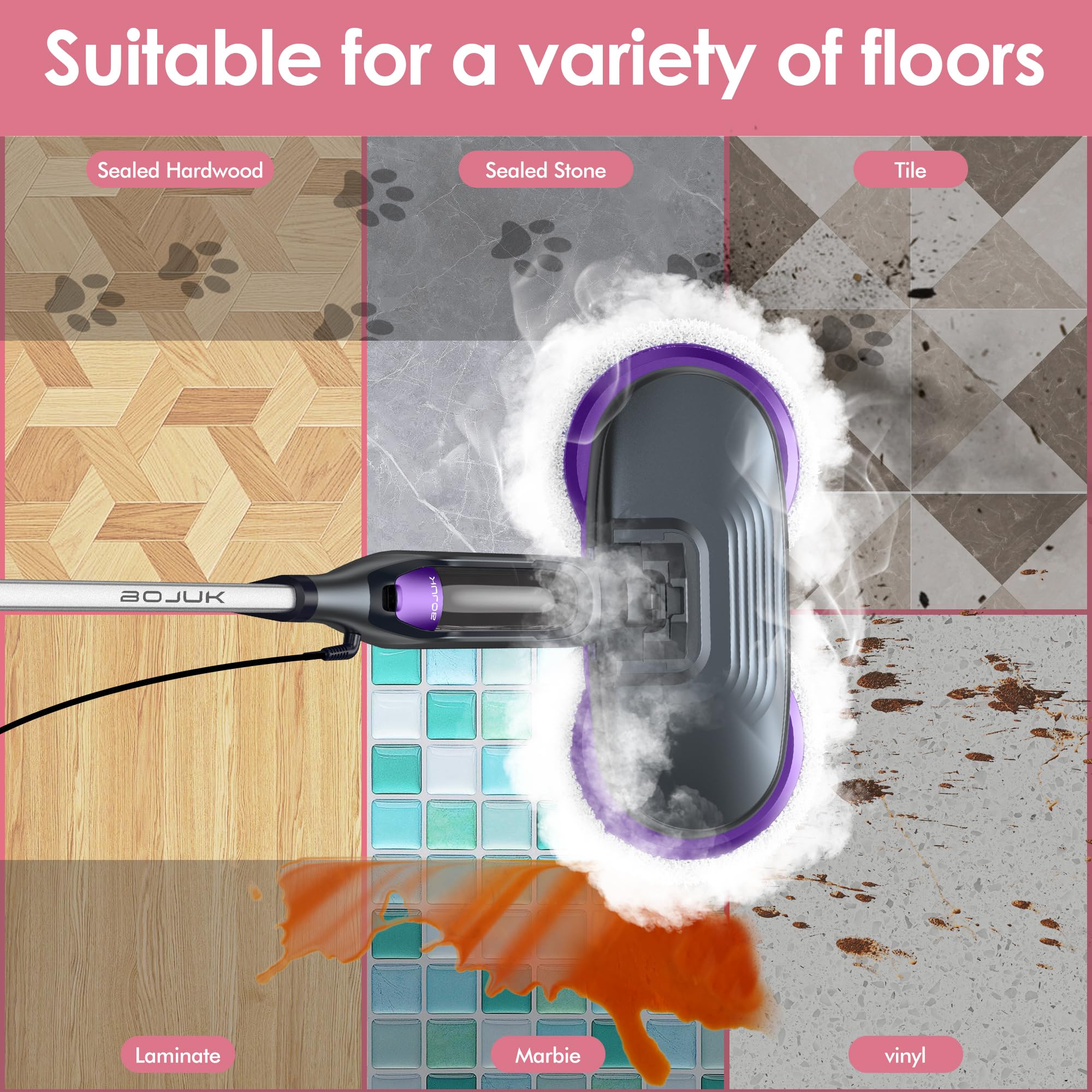 BOJUK Scrub & Steam Mop knees-free design reduces bending during cleaning