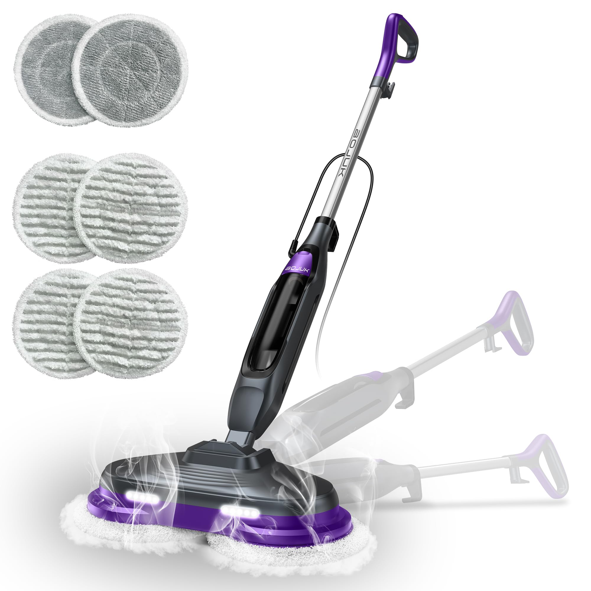 BOJUK Scrub & Steam Mop rotates pads to lift tough spills quickly