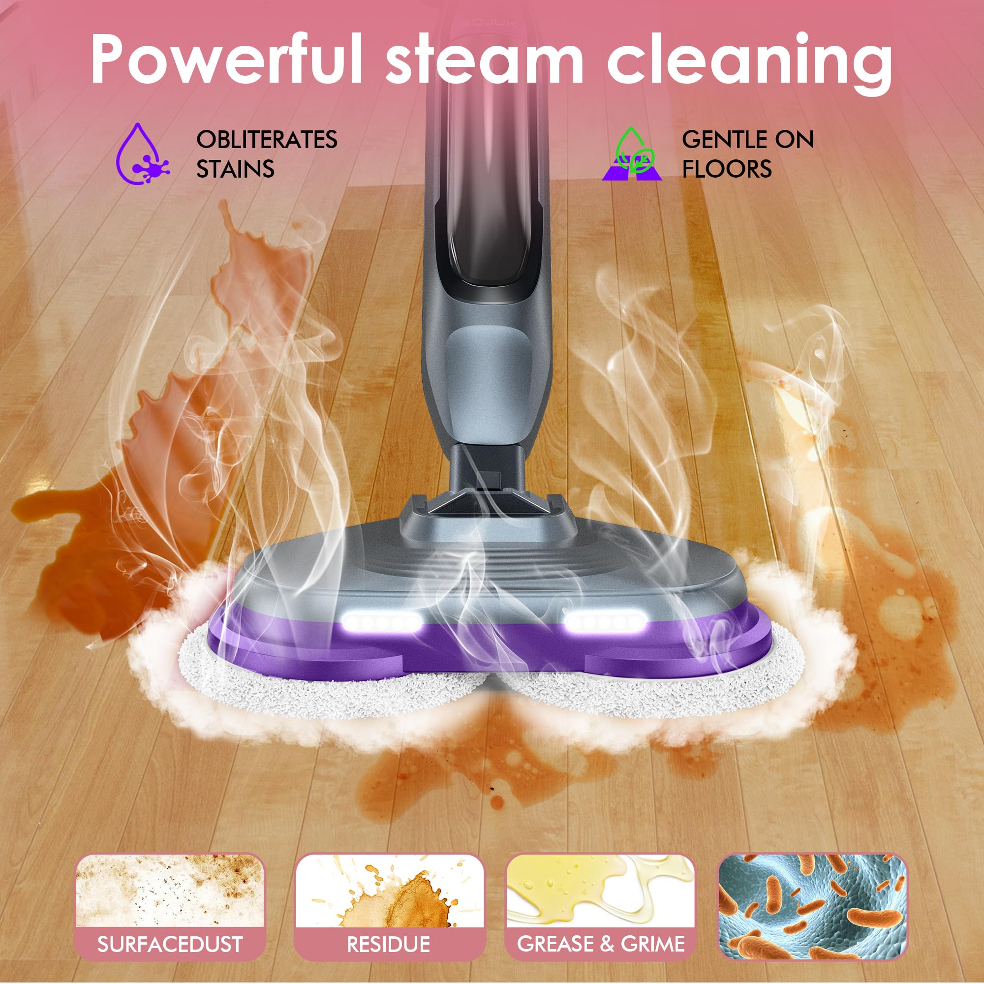 BOJUK Scrub & Steam Mop swivel steering for easy navigation around furniture