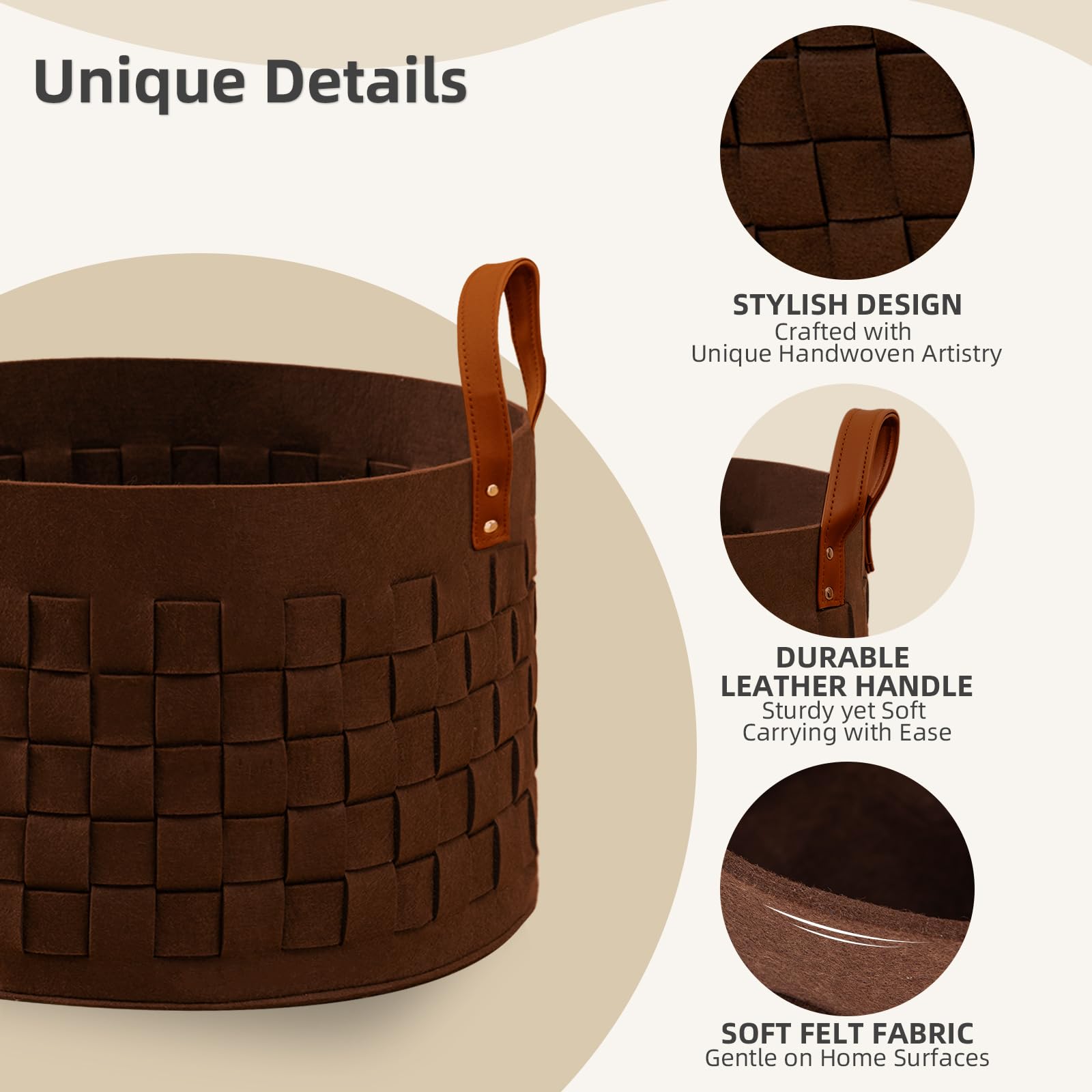 Boldmonkey felt basket with leather handles side view for easy transport.