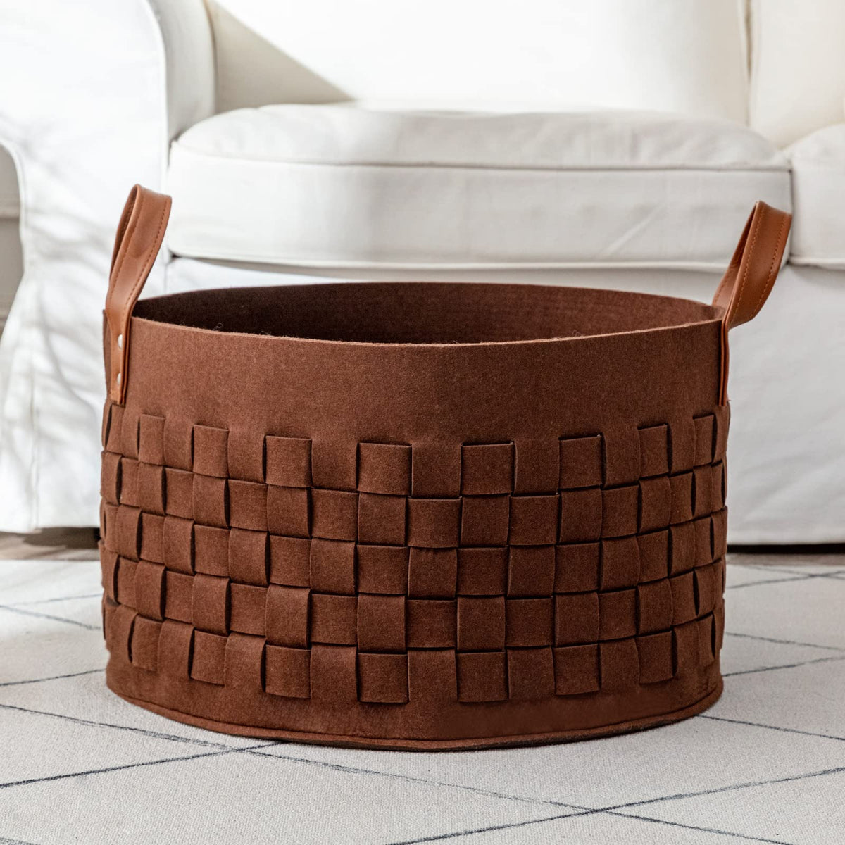 Boldmonkey laundry basket 20x20 front view with ample storage for bedding.