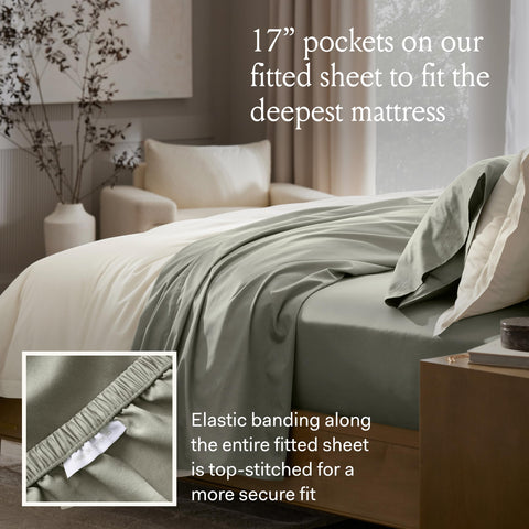BOLL & BRANCH Signature Hemmed Sheet Set King White fitted sheet deep pocket detail.