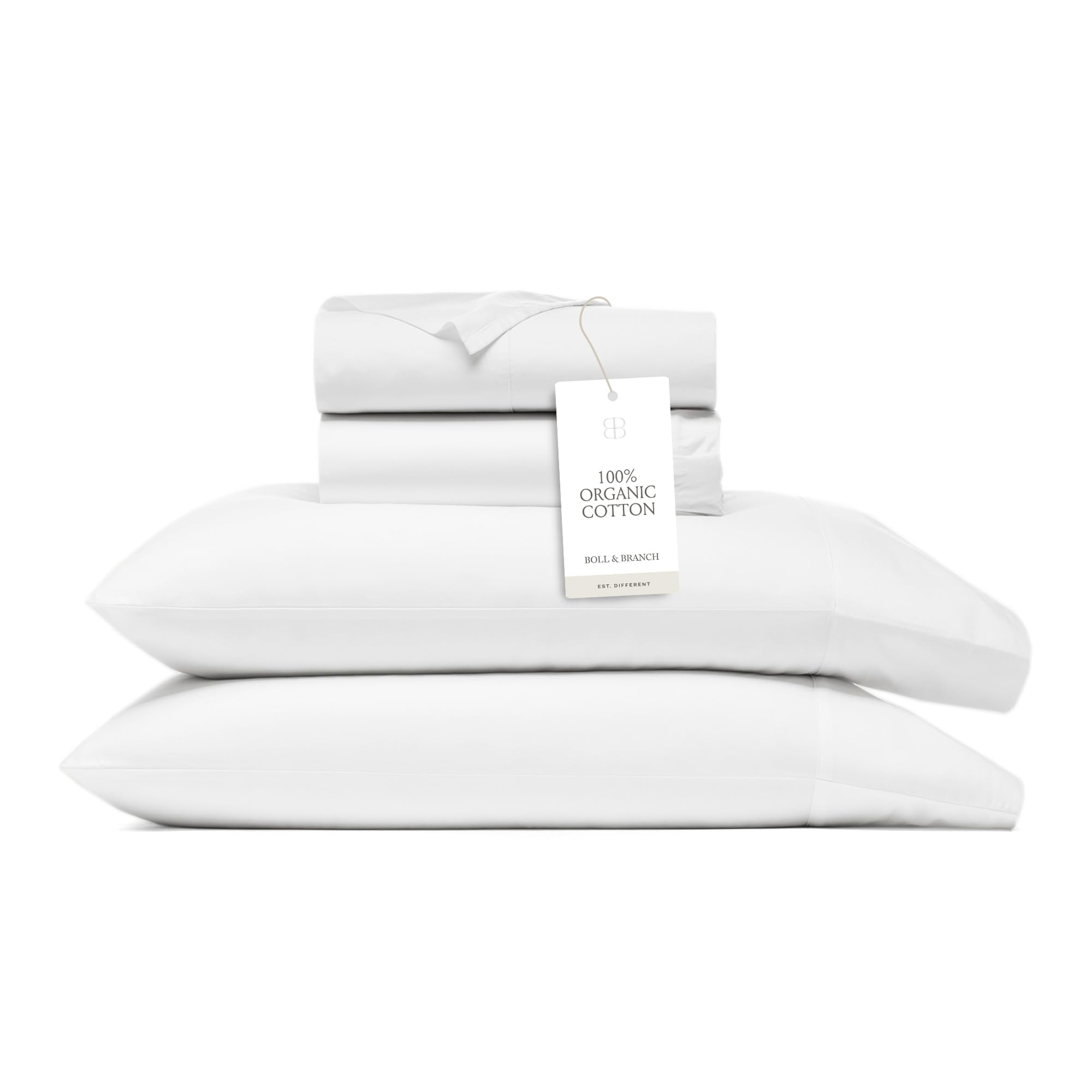 BOLL & BRANCH Signature Hemmed Sheet Set King White flat sheet close-up showing buttery softness.