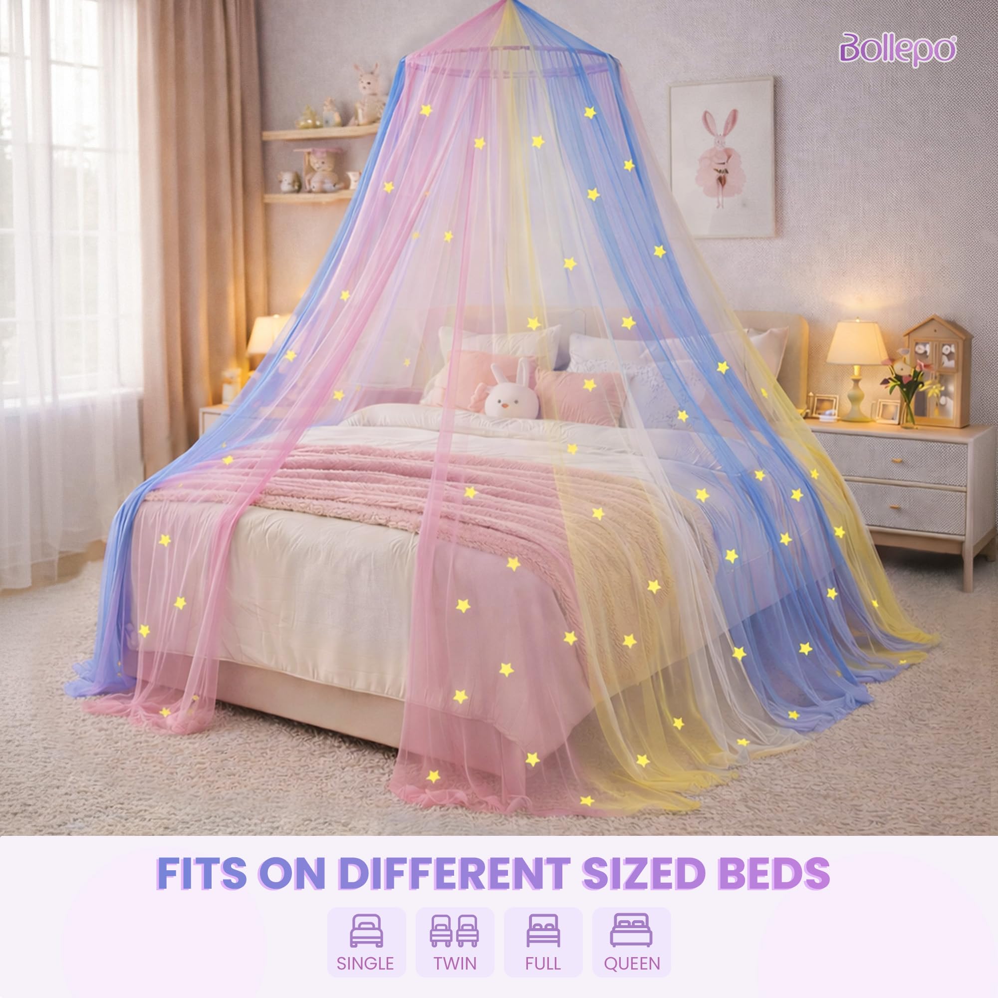 Bollepo bed canopy glitter stars adhesion tech closeup demonstrates durable glow