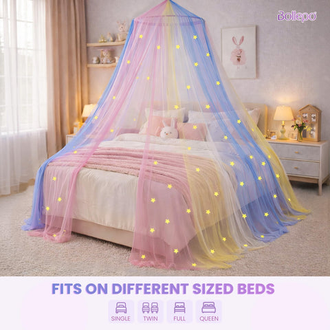 Bollepo bed canopy glitter stars adhesion tech closeup demonstrates durable glow
