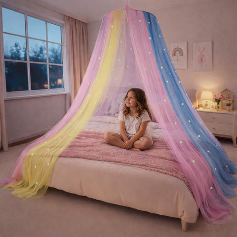 Bollepo bed canopy glowing stars closeup showing enchanted night glow for bedtime magic
