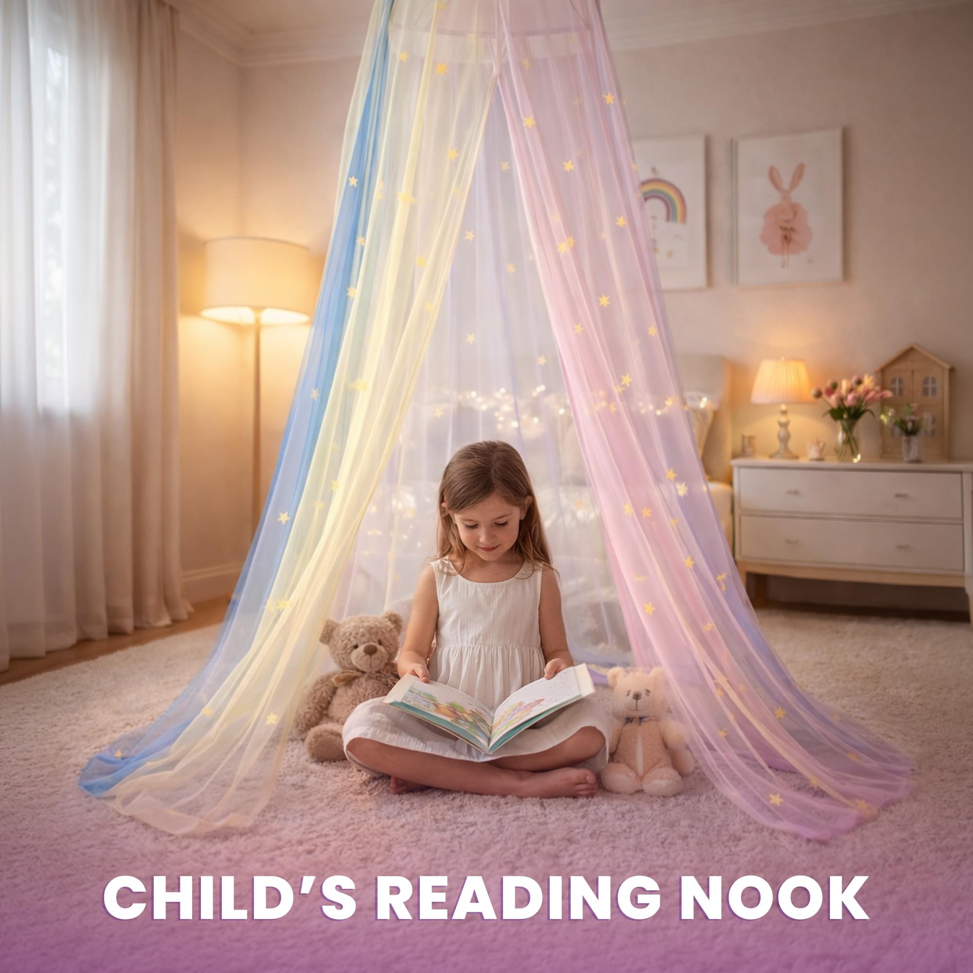 Bollepo bed canopy reading nook setup showing flame-retardant polyester material