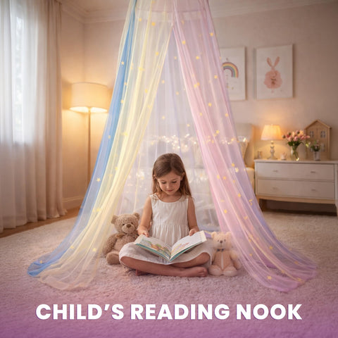 Bollepo bed canopy reading nook setup showing flame-retardant polyester material