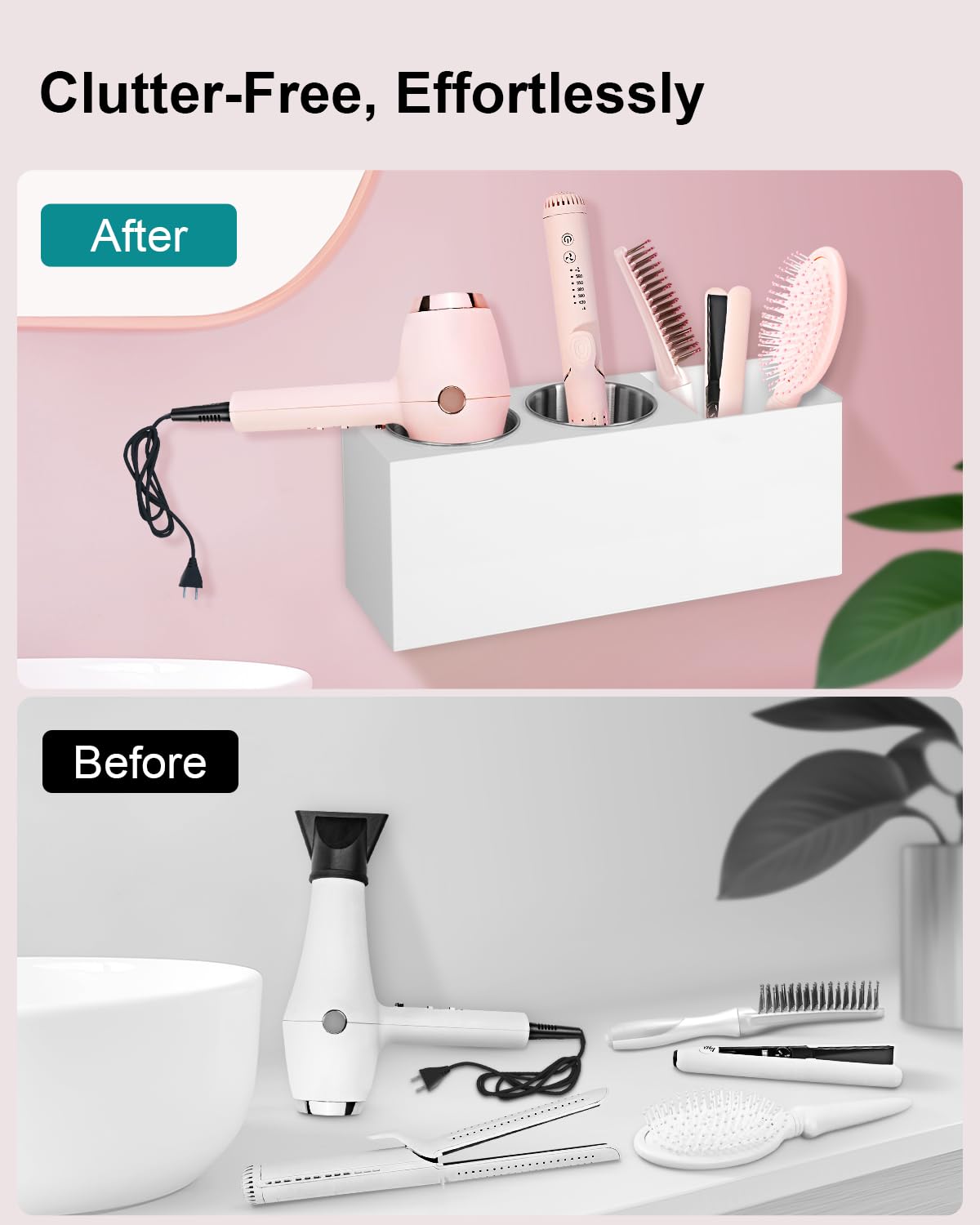 Bollmisde curling iron and flat iron storage keeps cords tidy and accessible.