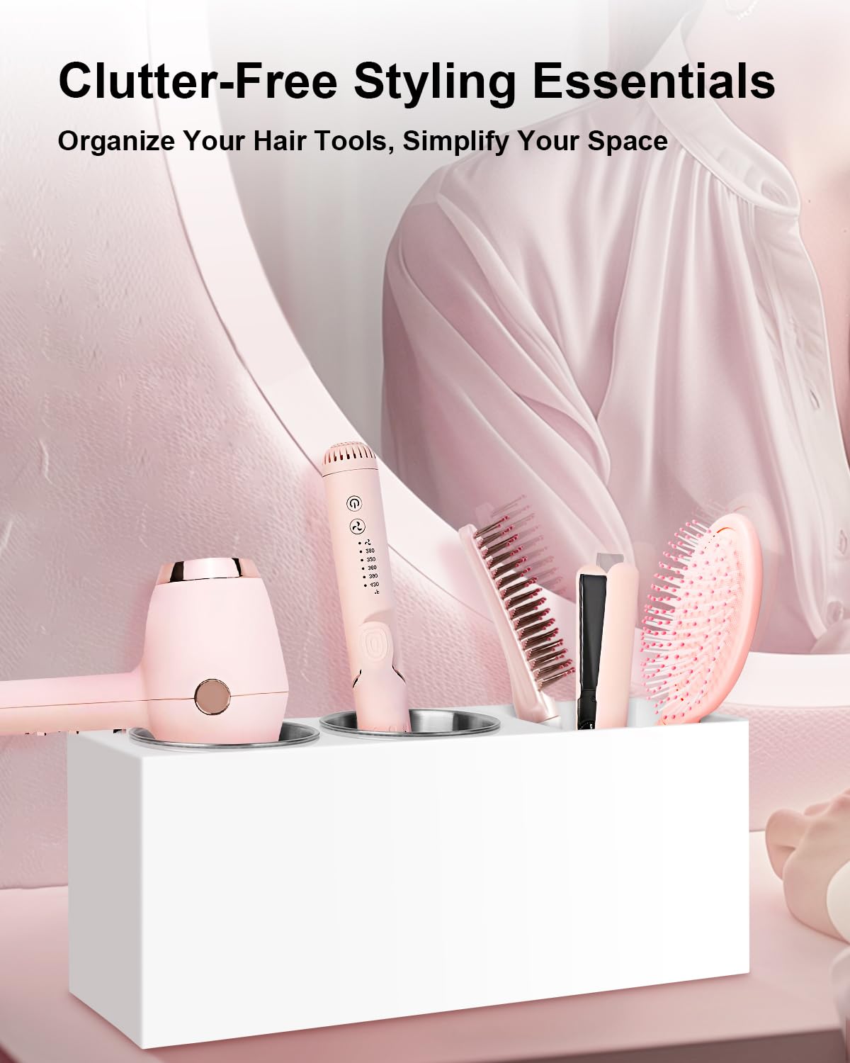 Bollmisde hair dryer holder in acrylic vanity keeps dryer within easy reach.