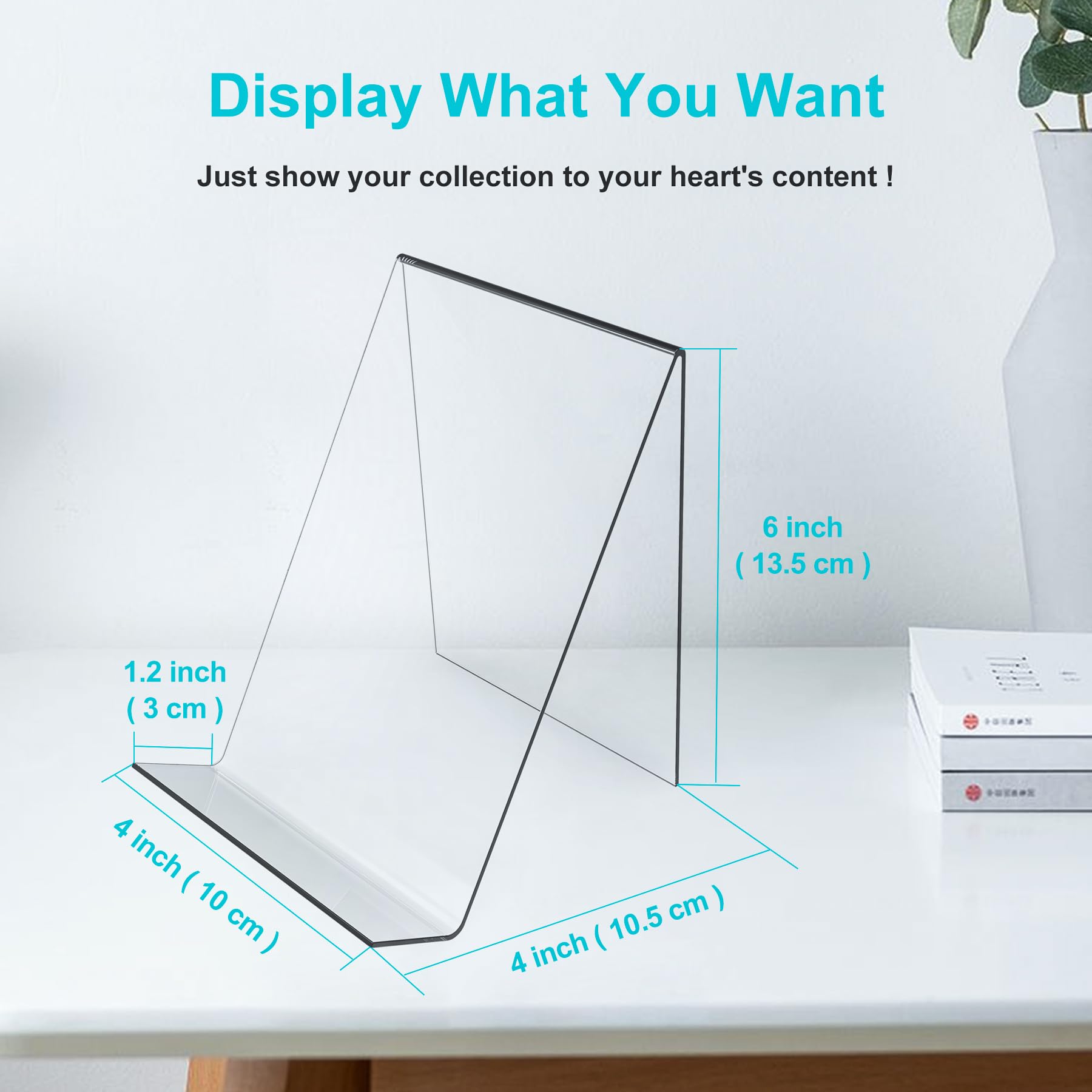 Boloyo 6-inch clear acrylic display easel tilted for easy viewing.