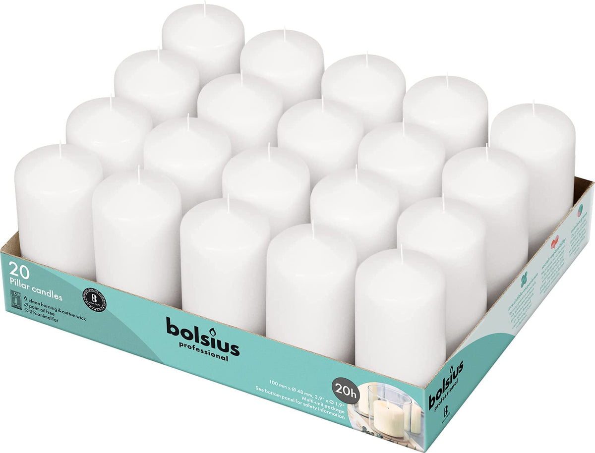 Bolsius 20 white pillar candles for dinner-light ambiance and elegance