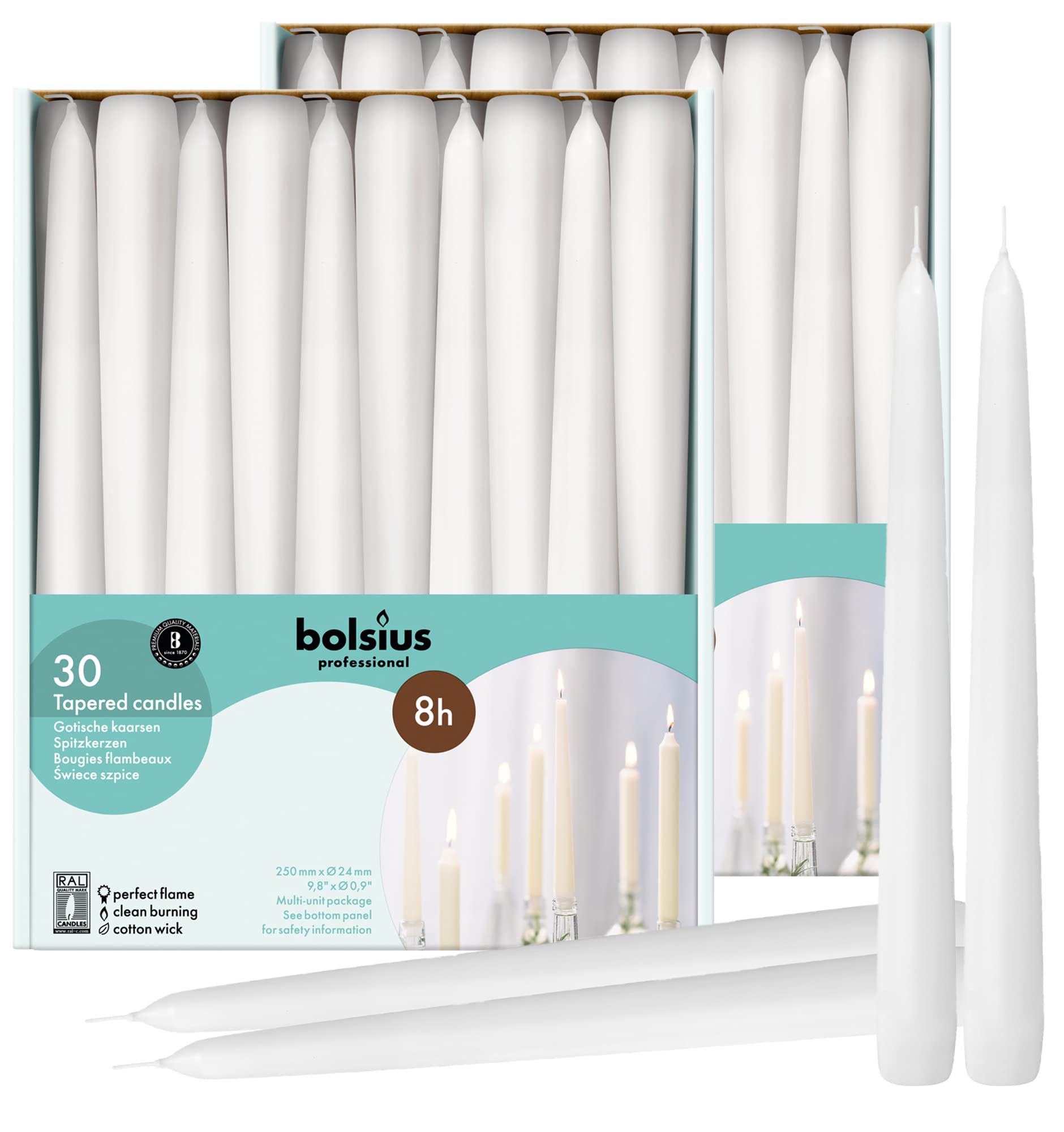 Bolsius 60 count white taper candles ready for elegant dining and events.