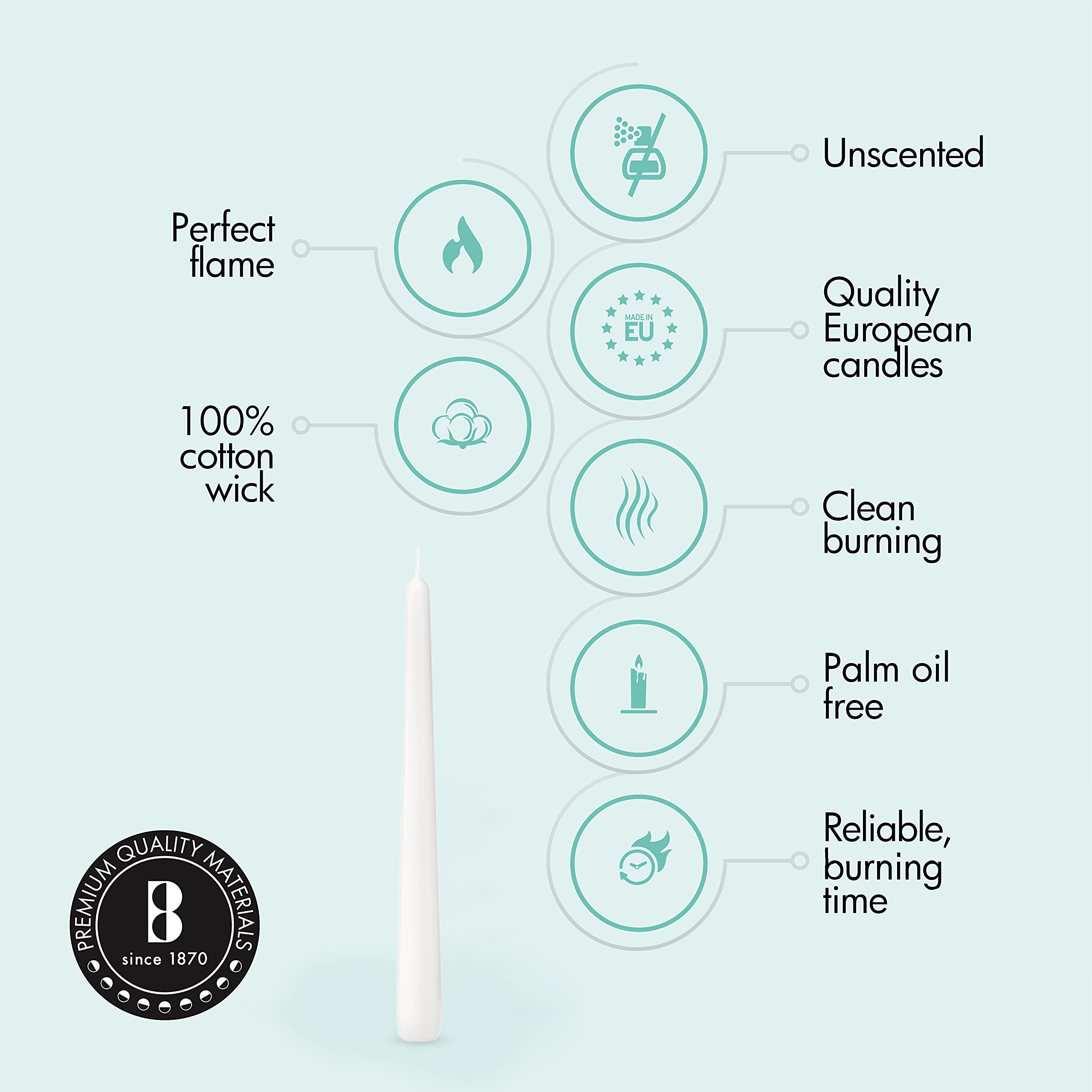 Bolsius dripless taper candles with cotton wicks offer a clean, steady flame.