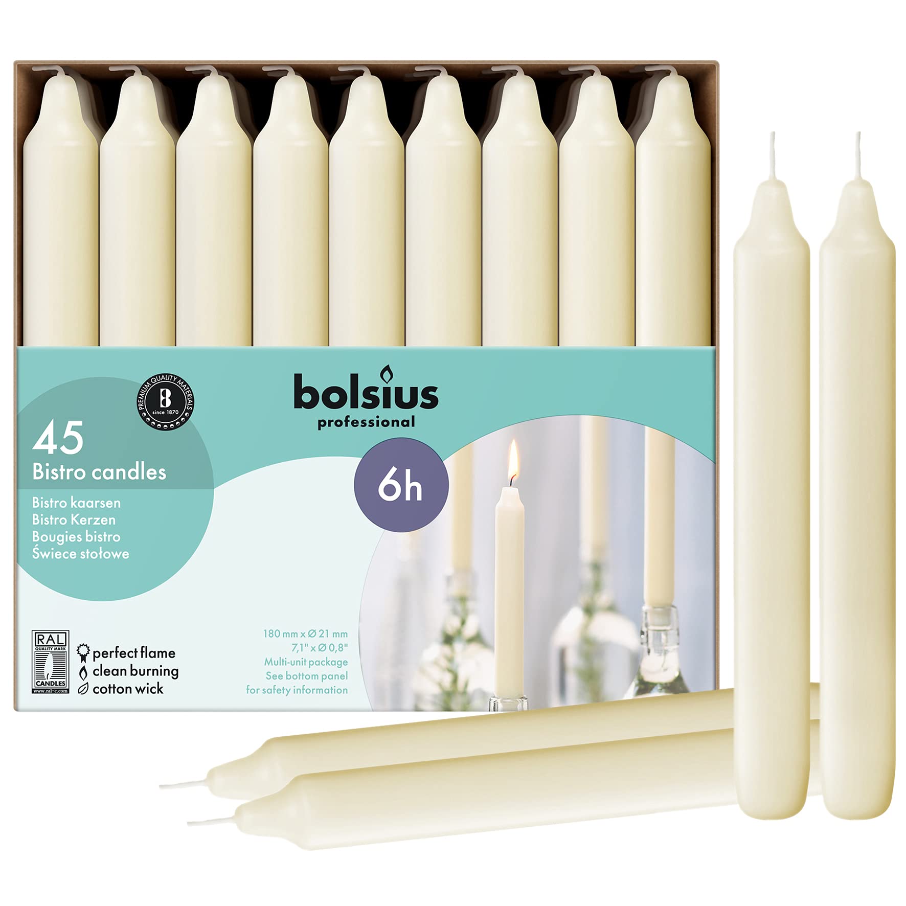 Bolsius Ivory 45-pack candles arranged for elegant dining and clean, dripless burn.