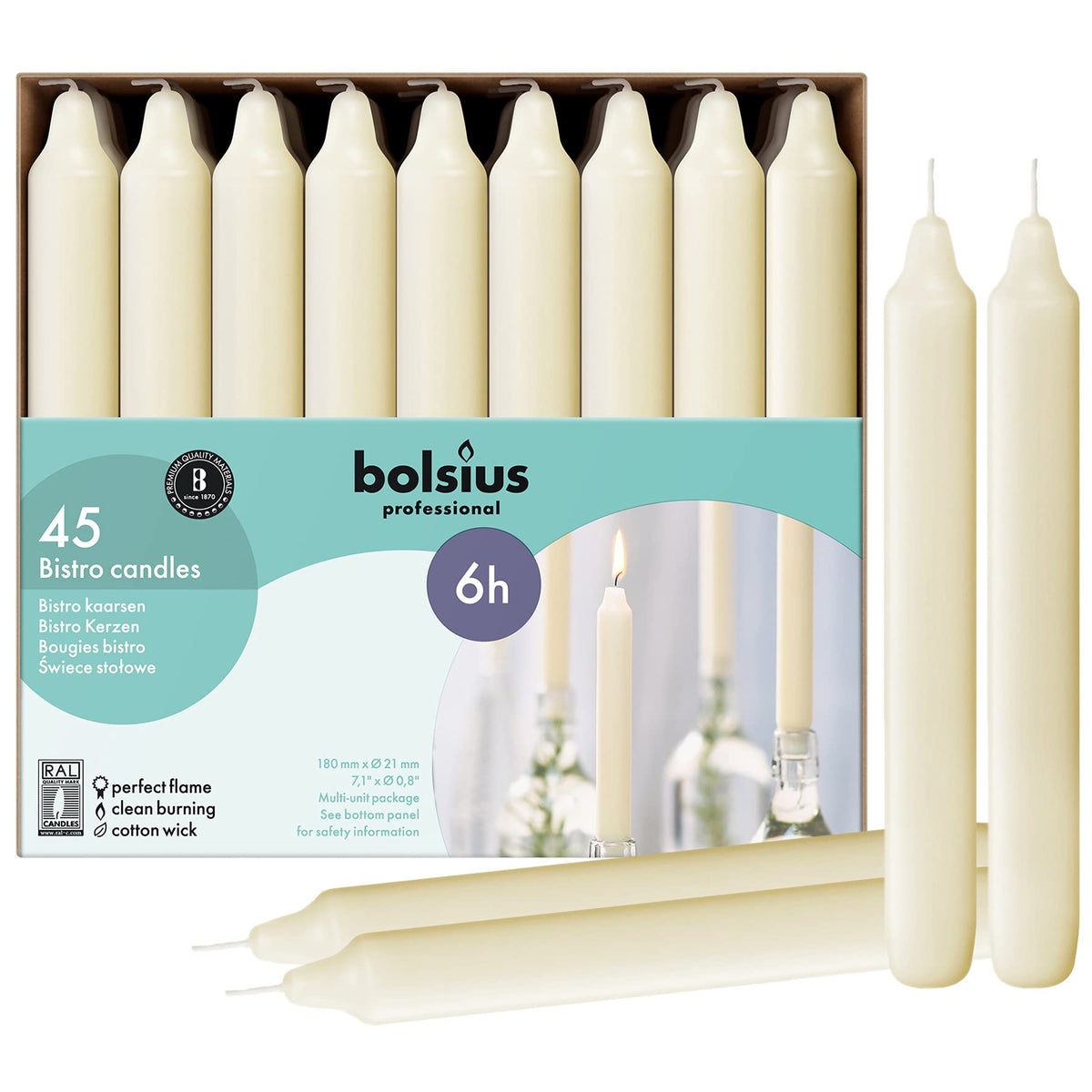 Bolsius Ivory 45-pack candles arranged for elegant dining and clean, dripless burn.
