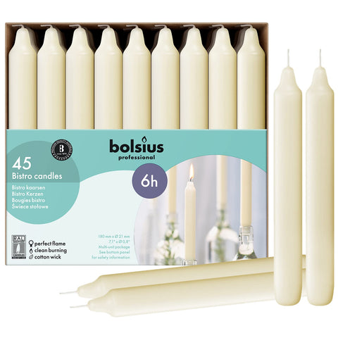 Bolsius Ivory 45-pack candles arranged for elegant dining and clean, dripless burn.