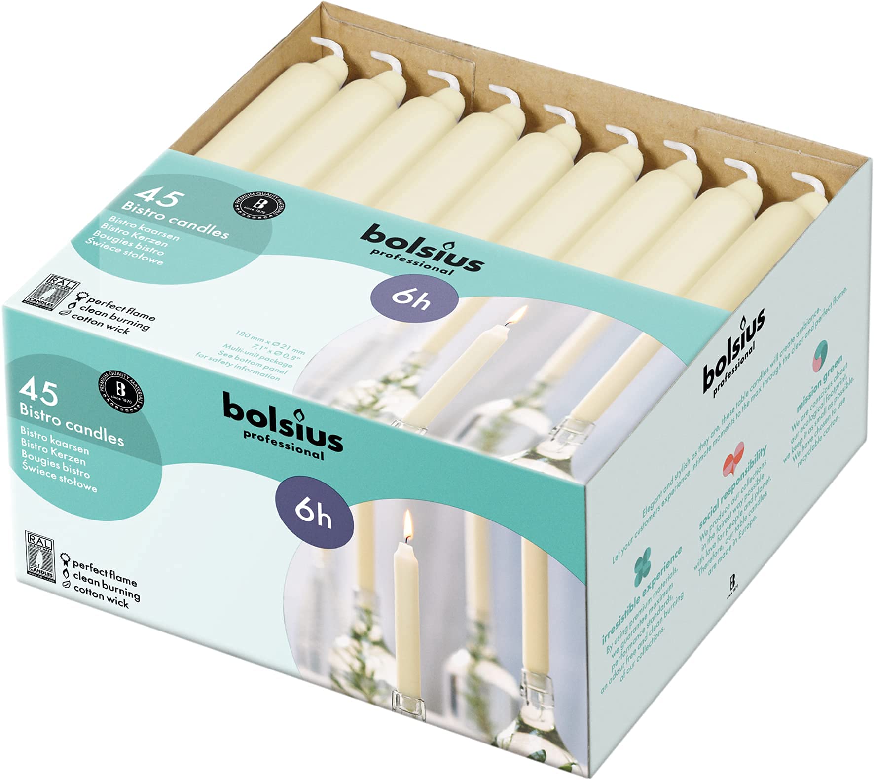 Untinted wax from Bolsius provides consistent flame across long burns.