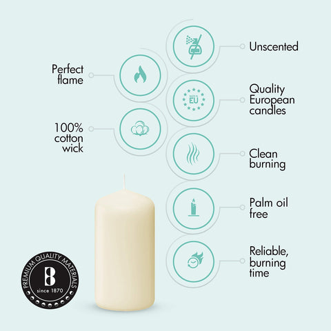 Bolsius Ivory Pillar Candles centerpiece lighting on table.