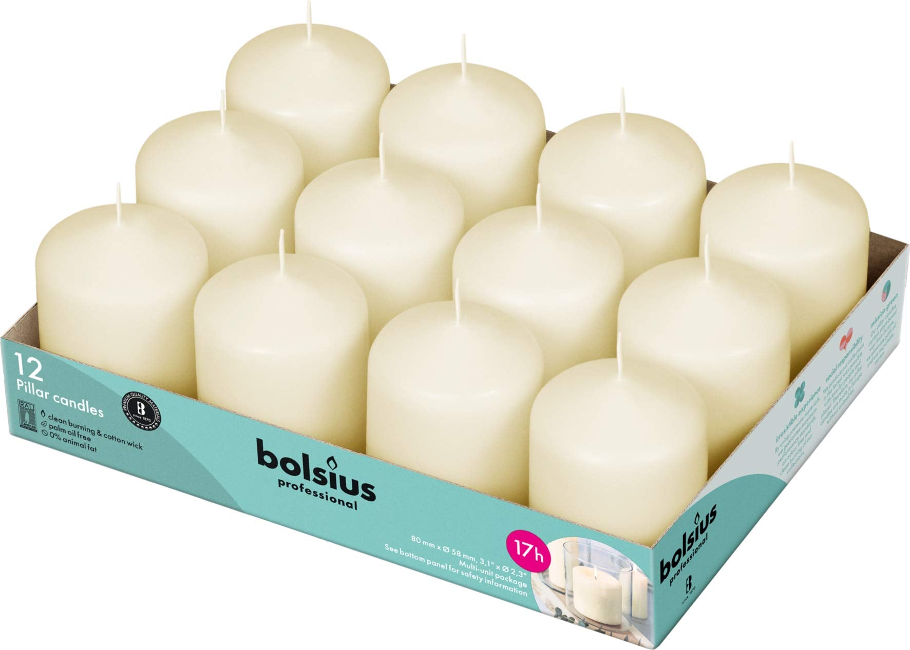 Bolsius Ivory pillar candles on table create an elegant centerpiece with lasting ambiance.