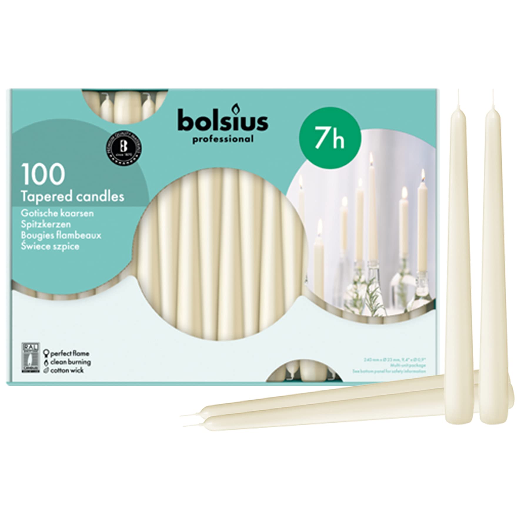 Bolsius Ivory Taper Candles pack with smooth flame for elegant table ambiance.