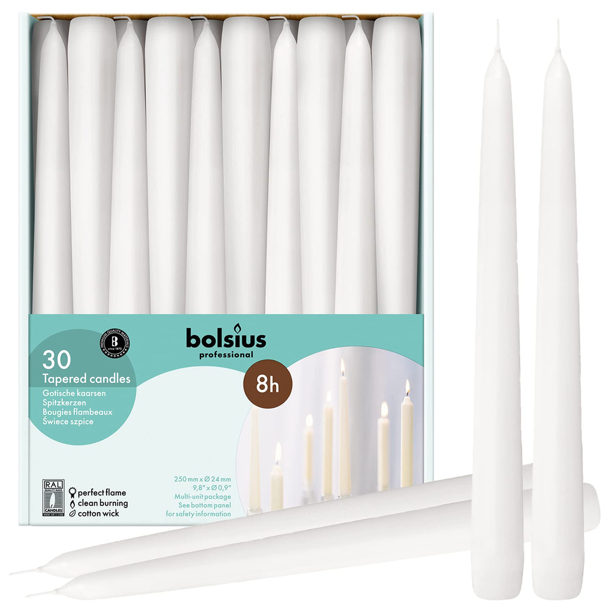 BOLSIUS long white taper candles 30-pack arranged for table decor