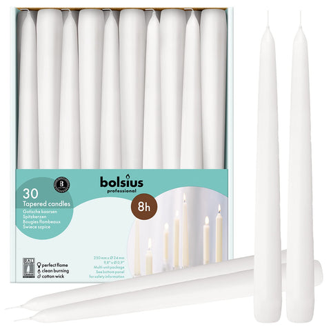 BOLSIUS long white taper candles 30-pack arranged for table decor