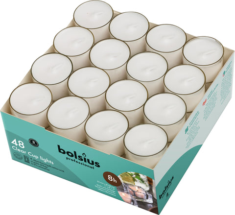 Bolsius unscented tea light in a clear cup delivering warm ambient light for gatherings