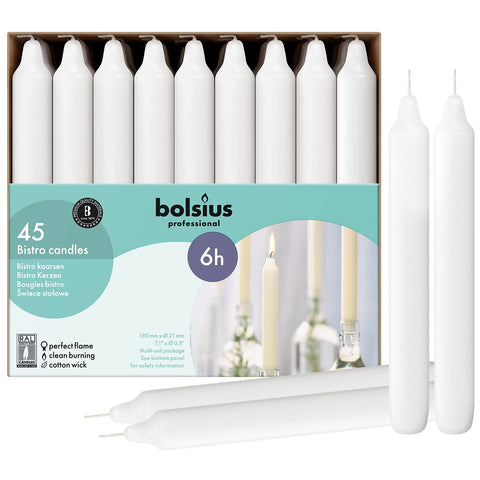 Bolsius white dinner candles 7-inch 45-count for refined ambience and clean burn