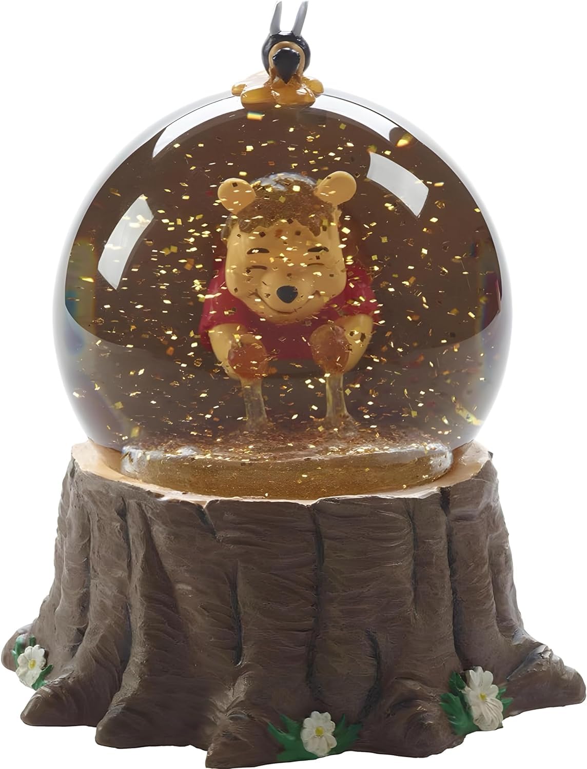 Boltcorrse Pooh Bear inside a glass globe with honey scene and shimmering glitter for collectors.