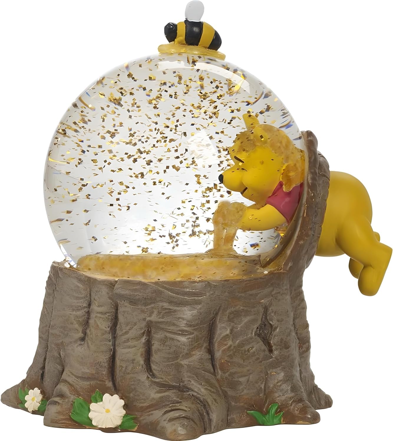 Boltcorrse Pooh Bear musical snow globe on a shelf showing the honey scene and glitter.