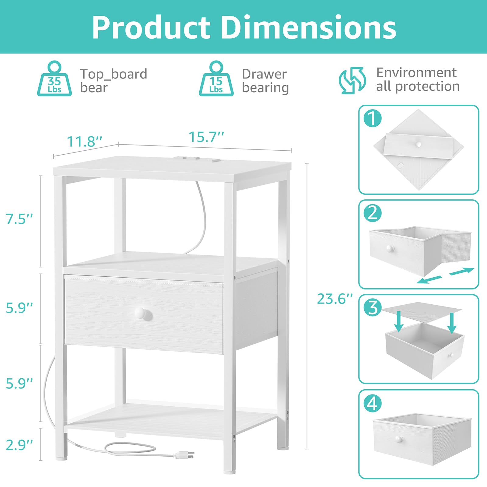 BOLUO bedside table with USB ports and outlets to power devices at night.