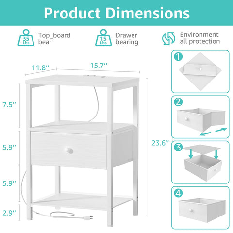 BOLUO bedside table with USB ports and outlets to power devices at night.
