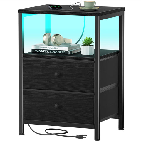 BOLUO black nightstand with LED lighting enhances bedside ambiance.