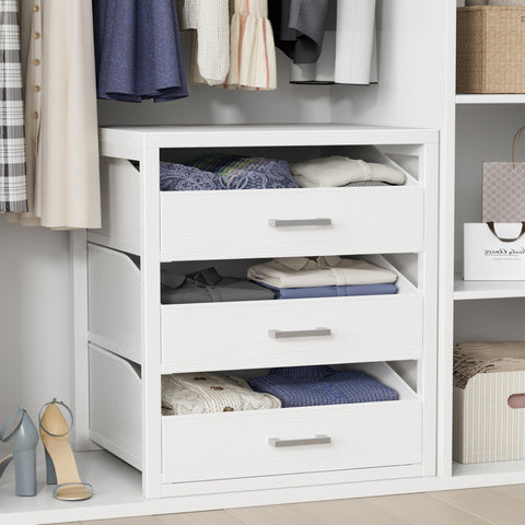 BOLUO closet drawers front view showing three fabric storage bins for organization