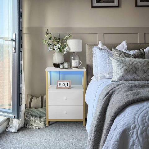 BOLUO Gold Nightstand drawer-front with fabric and leather front, elegant and easy to clean
