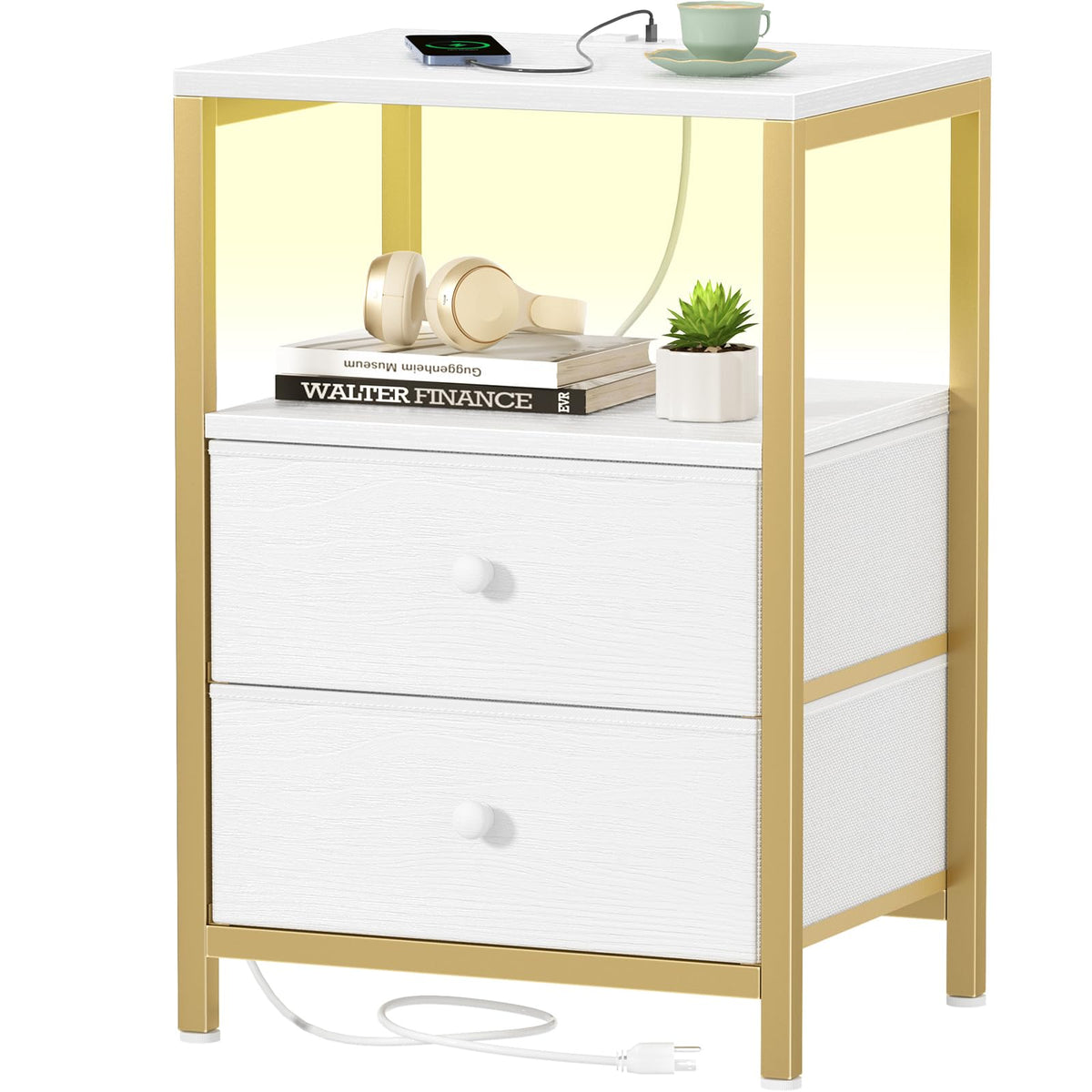 BOLUO Gold Nightstand top view with sturdy surface for lamp and phone charging