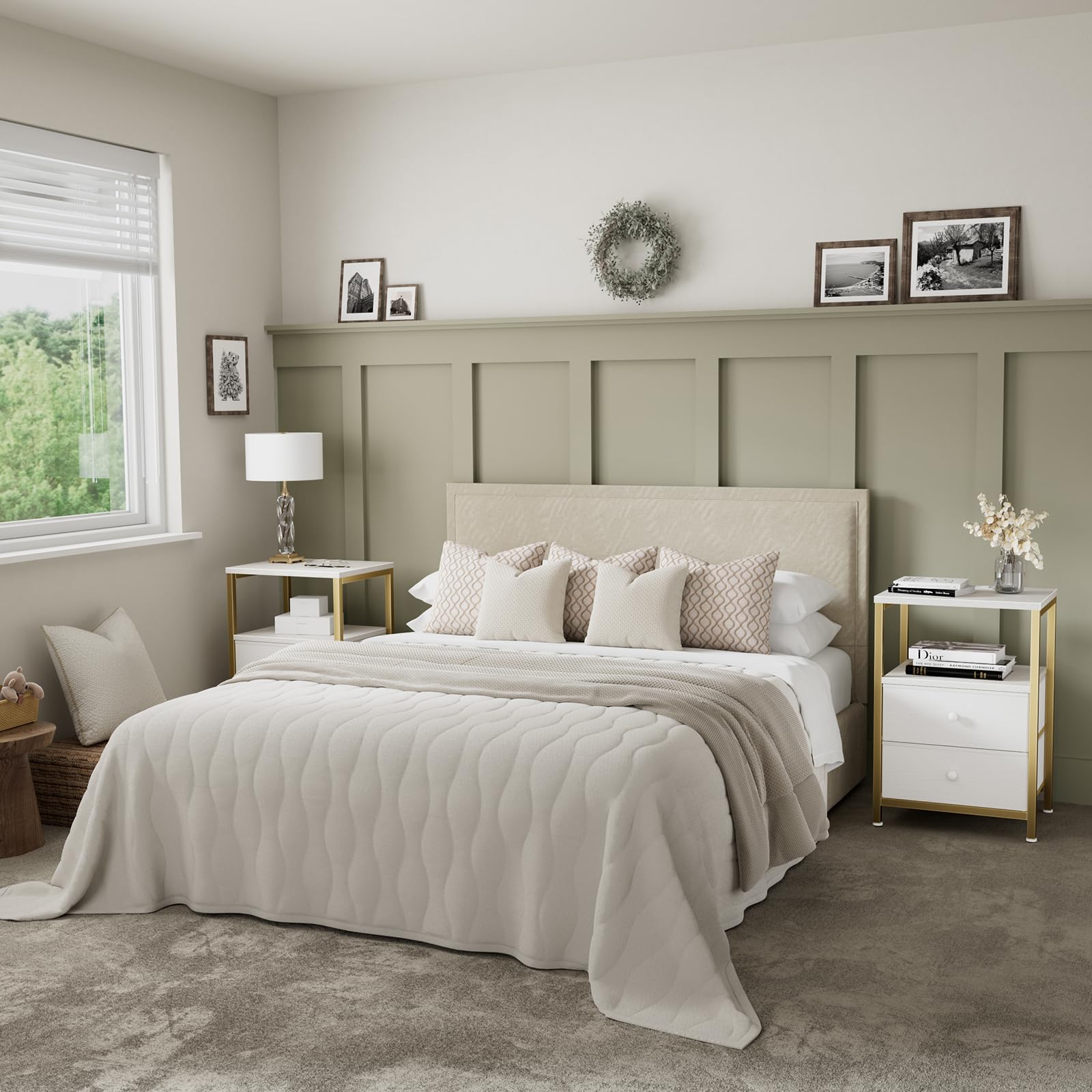 BOLUO Gold Nightstand showing built-in outlets and USB ports for bedside charging