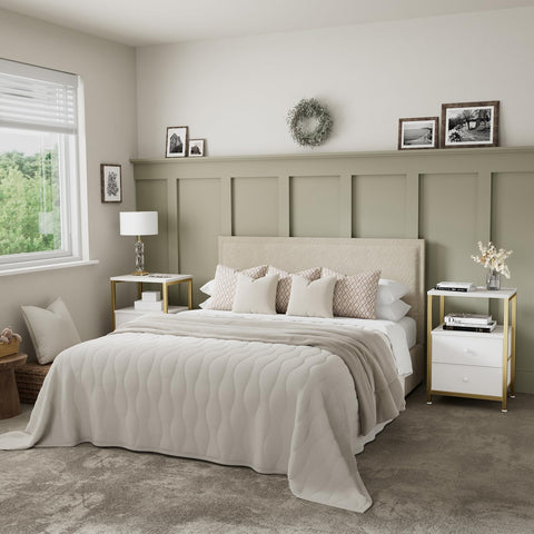 BOLUO Gold Nightstand showing built-in outlets and USB ports for bedside charging