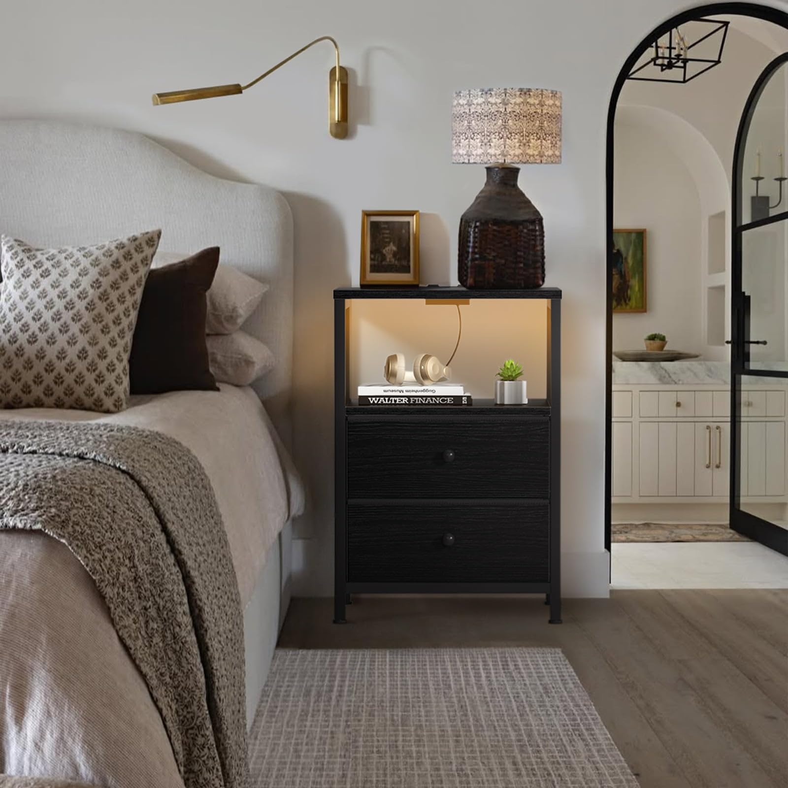 BOLUO nightstand with charging ports keeps devices powered at night.