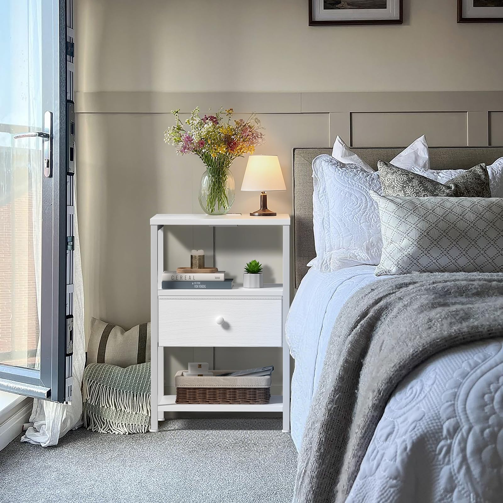 BOLUO nightstand featuring fabric drawers with leather-front for a refined look.
