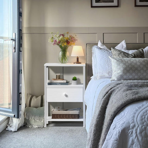 BOLUO nightstand featuring fabric drawers with leather-front for a refined look.