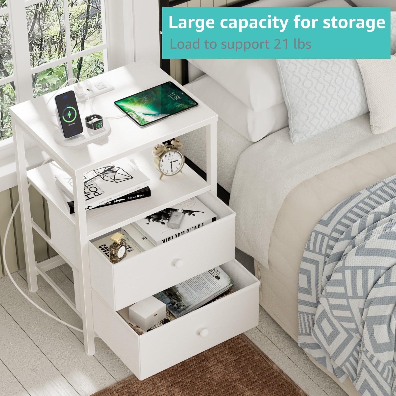 Fabric drawers with leather-front on the BOLUO nightstand