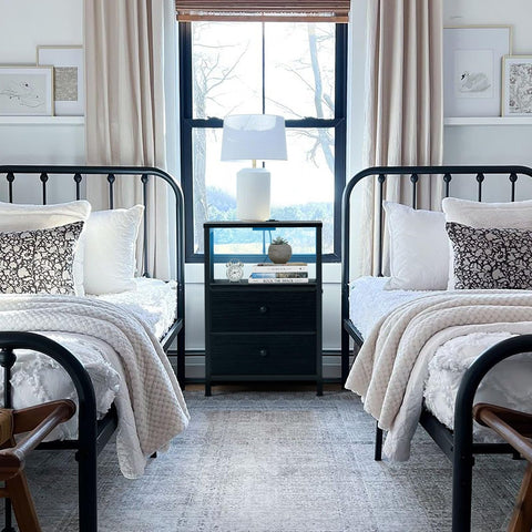Wood-grain front adds modern contrast to the black finish.