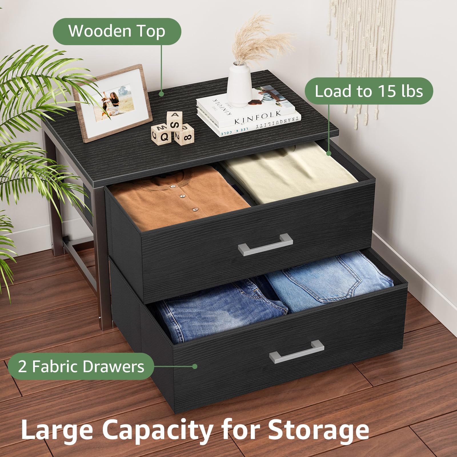 BOLUO bedside setup with drawers keeps nighttime essentials within reach.