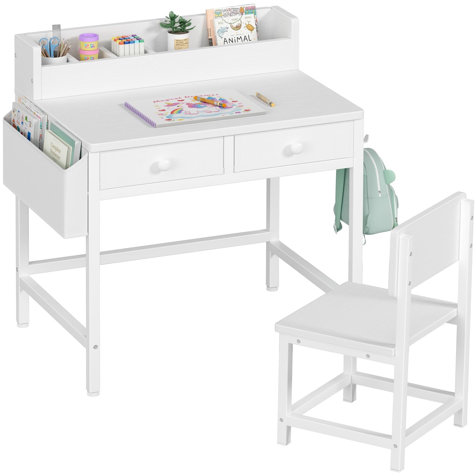 BOLUO white kids desk and chair set top view shows compact workspace
