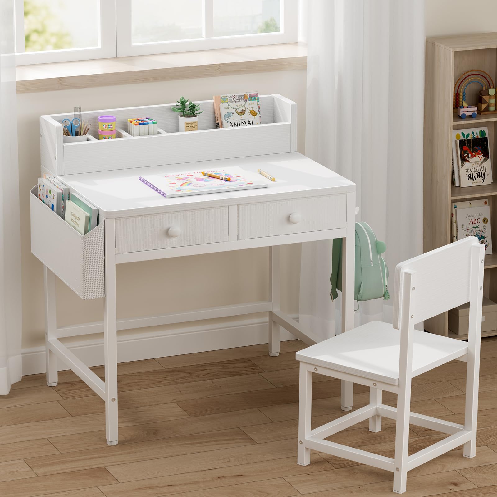 BOLUO white desk with fabric drawer open for organized supplies
