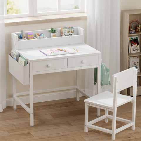 BOLUO white desk with fabric drawer open for organized supplies