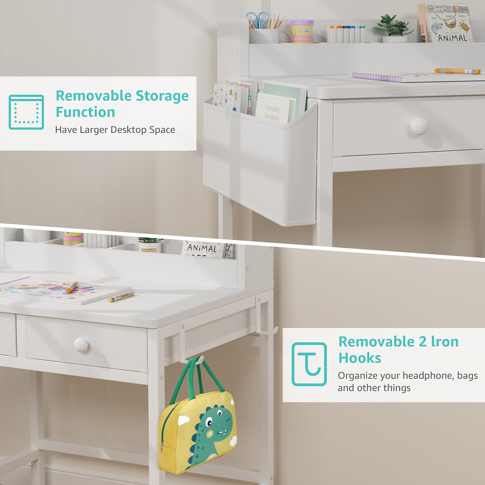 BOLUO desk with hooks for bags and headphones